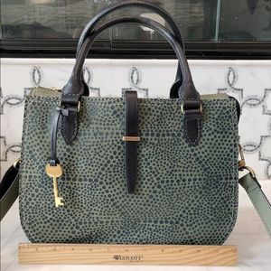 Fossil Ryder Satchel Handbag olive green and navy with patterned front panel